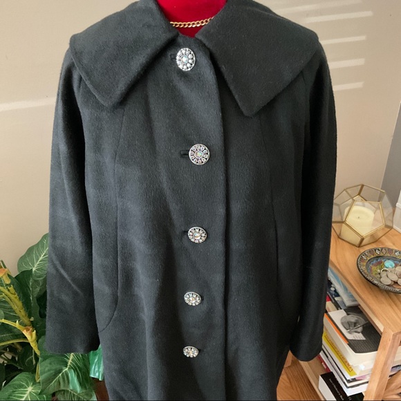 Vintage 50s FORSTMANN Wool Coat Long Black size M - Picture 10 of 11